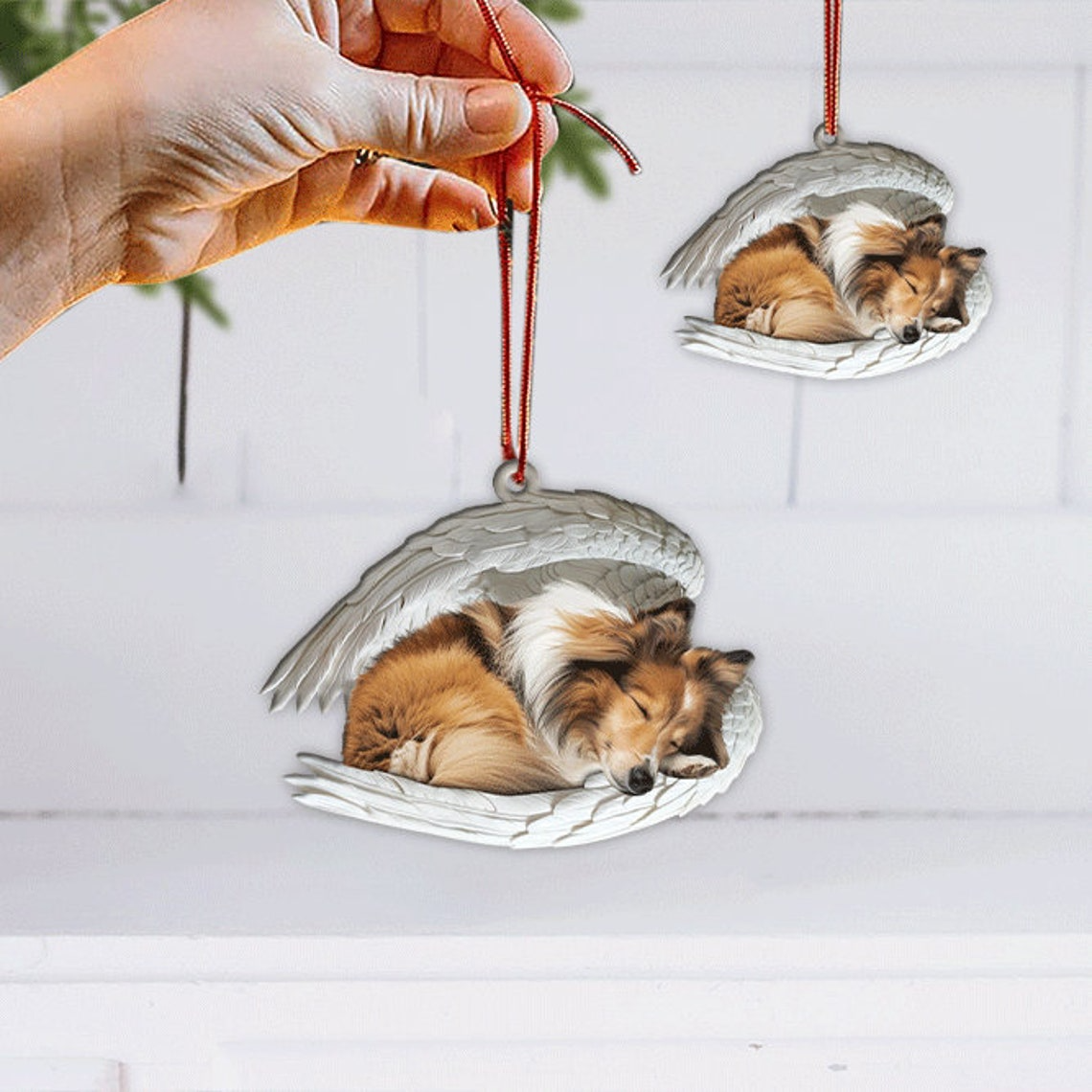 Shetland Sheepdog Angel Wings Car Ornament, Dog Sleeping Angel Christmas Ornament Decor