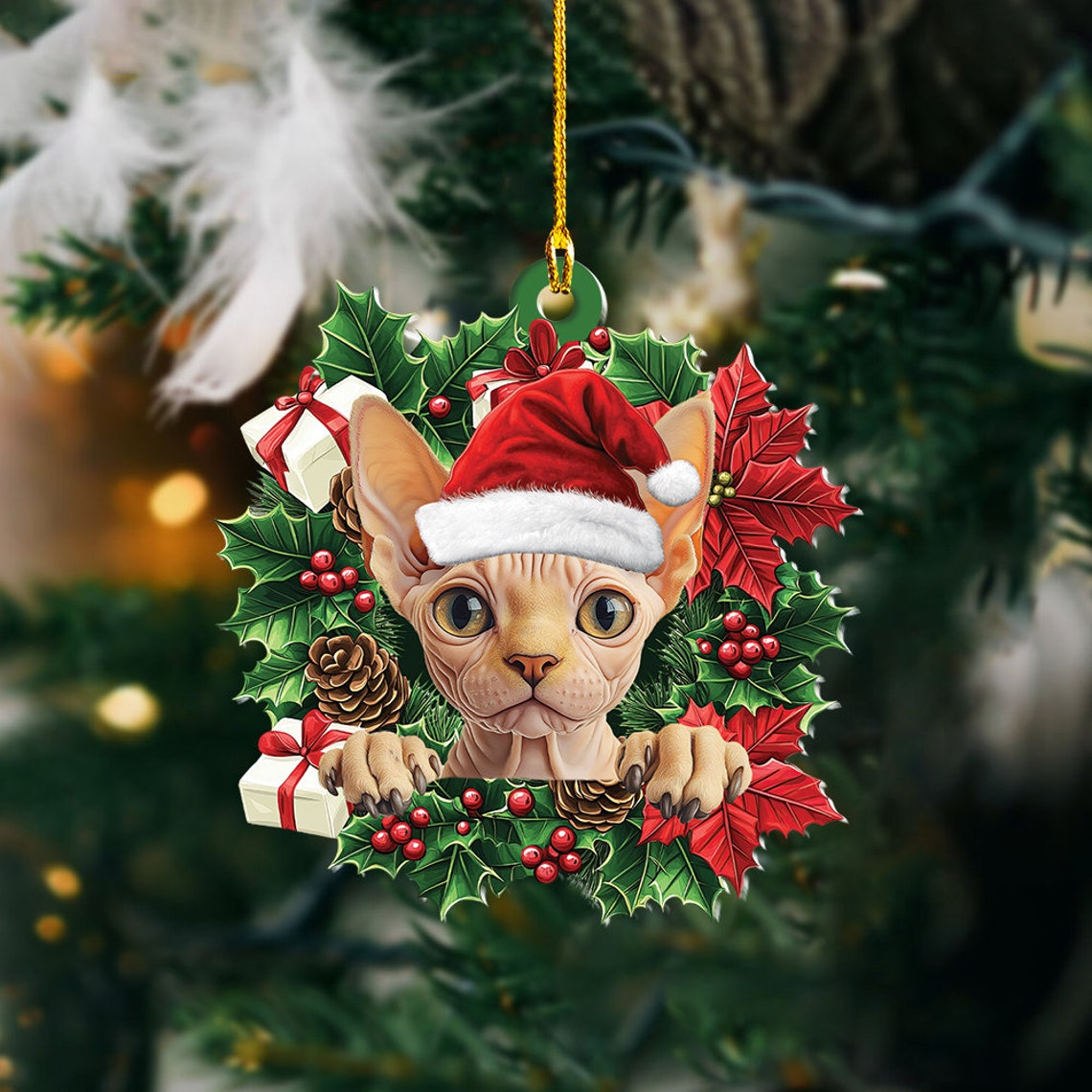 Sphynx Cat Hanging Christmas Wreath Ornament, Sphynx Cat Christmas Ornament Decor Holiday Gift