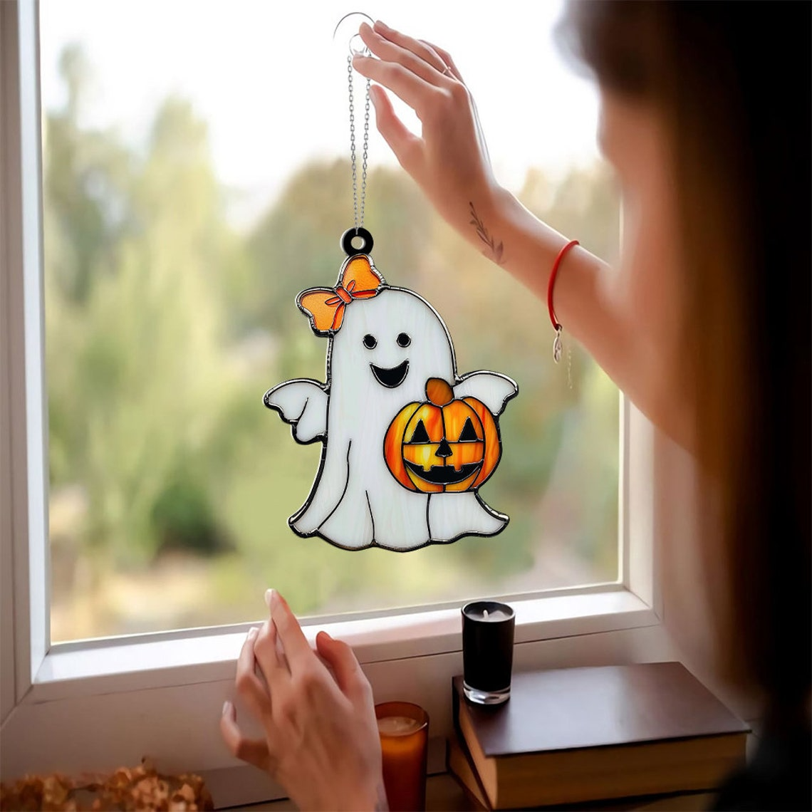 Cute Ghost And Bow Pumpkin Halloween Suncatcher, Cute Ghost Hanging Decor Home