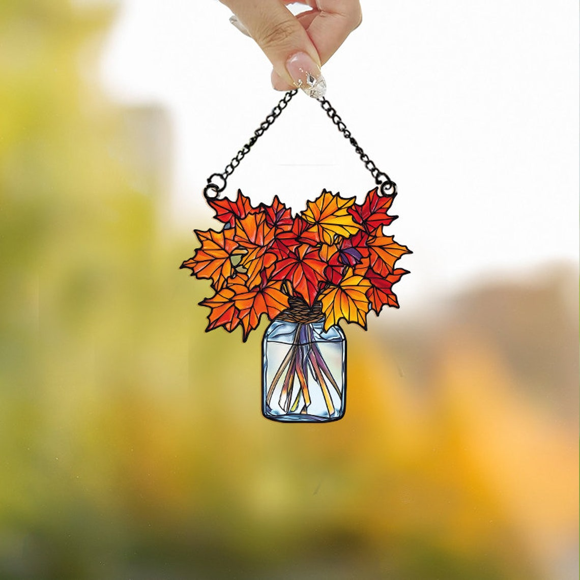 Maple Leaves Autumn in Mason Jar Suncatcher, Maple Leaves Hanging Ornament