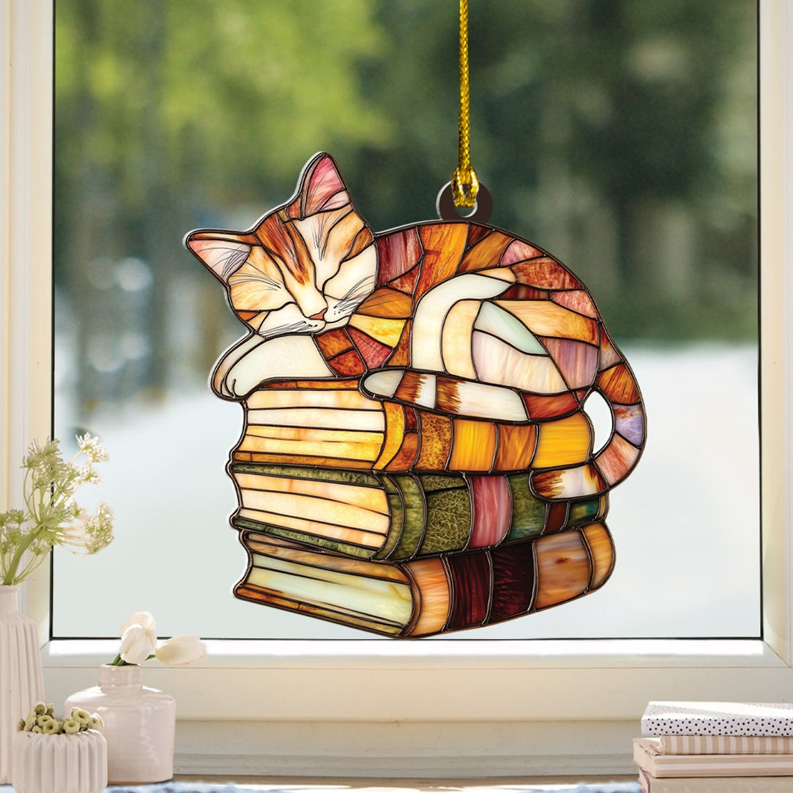 Cat Sleeping on Books Window Hanging Suncatcher, Cute Cat and Books Hanging Decor Gift