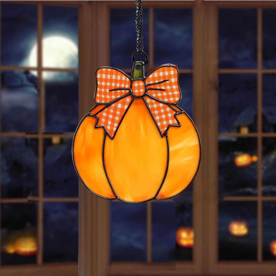 Pumpkin and Red Bow Suncatcher Decor, Pumpkin Suncatcher Ornament