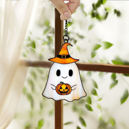 Cute Ghost with Pumpkin Halloween Suncatcher, Halloween Jack-o-lantern Ornament