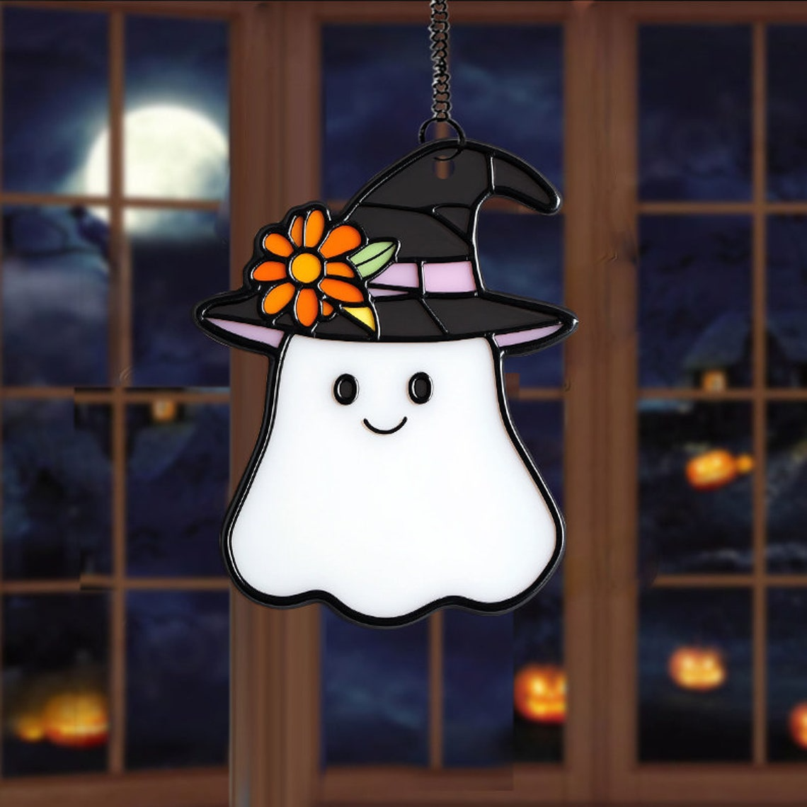 Cute Ghost With Floral Witch Hat Black Suncatcher, Cute Ghost Window Hanging Decor