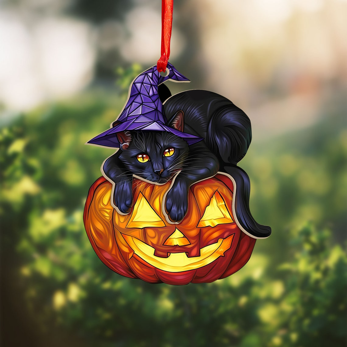 Cat Witchy Lying on the Pumpkin Halloween Hanging Suncatcher, Cat Hanging Ornament Halloween Decor