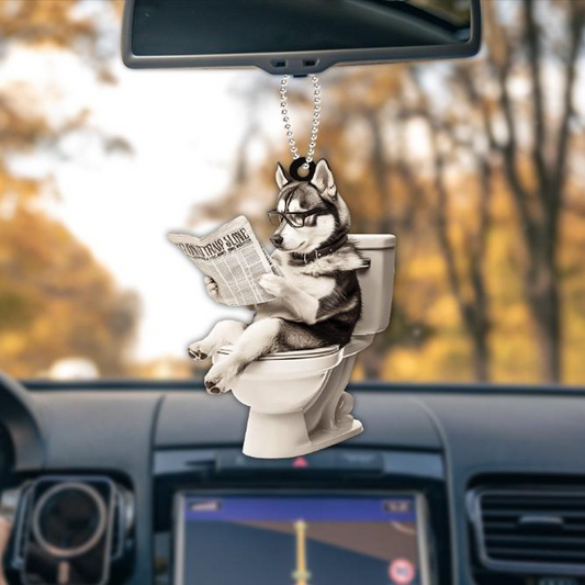 Siberian Husky Dog Sitting On Toilet Ornament, Husky Dog Reading Newspaper Ornament Christmas Gift