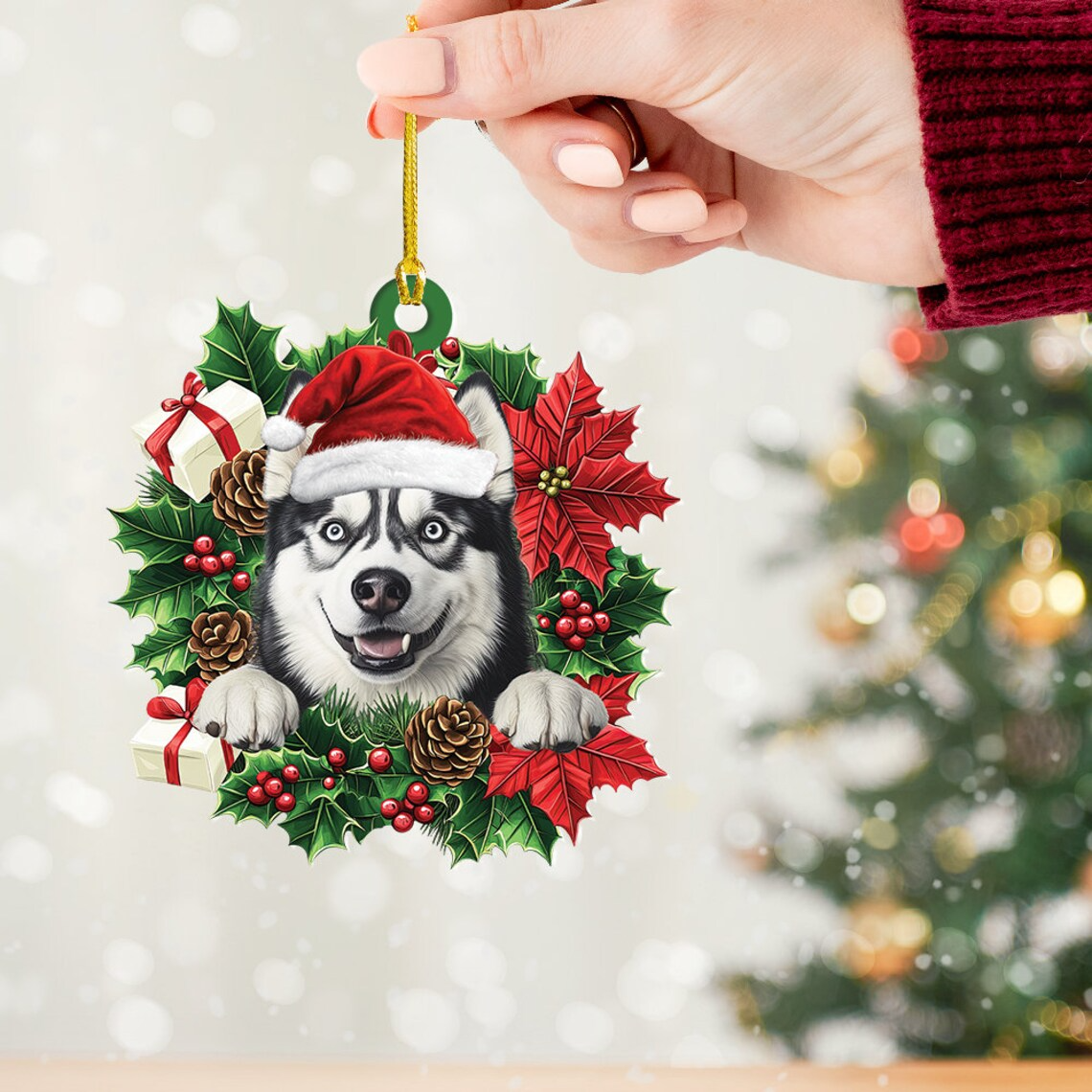 Dog Hanging Christmas Wreath Ornament, Siberian Husky Dog Christmas Ornament Decor Gift