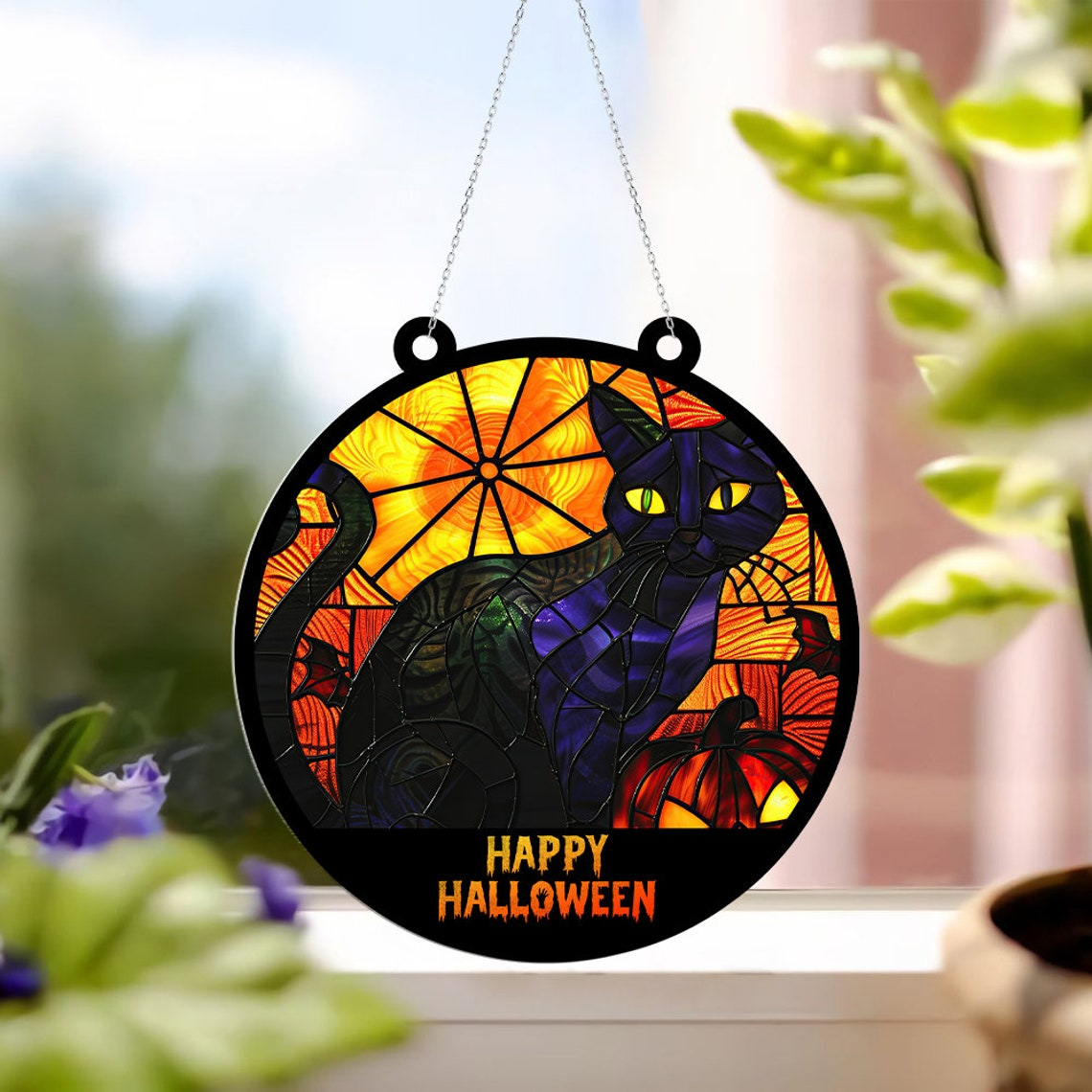 Black Cat Pumpkin Hanging Suncatcher Ornament, Black Cat Window Hanging Ornament Decor