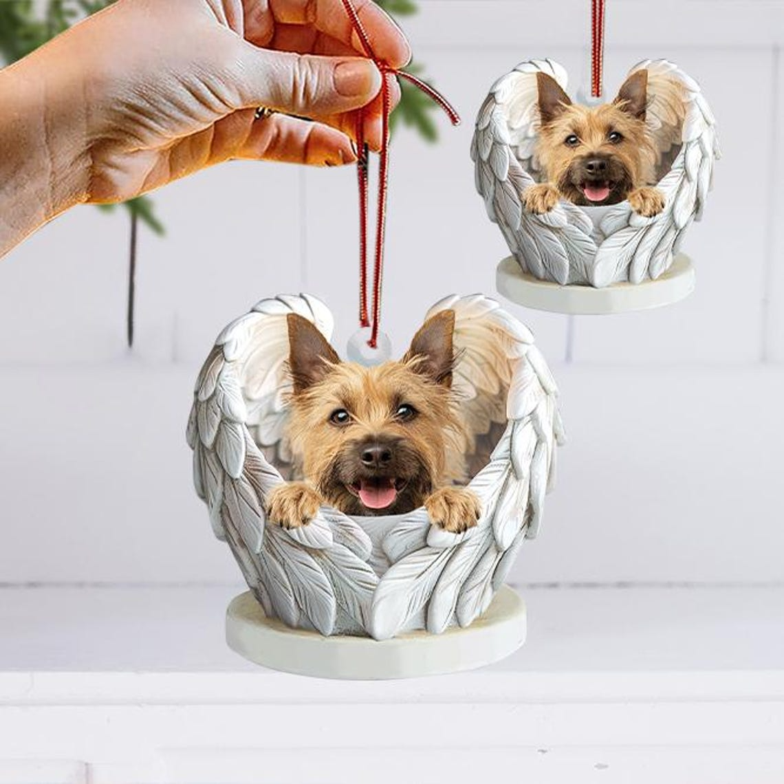 Cairn Terrier Dog Angel Wings Hanging Decor Ornament, Cute Cairn Terrier Dog Flat Christmas Ornament