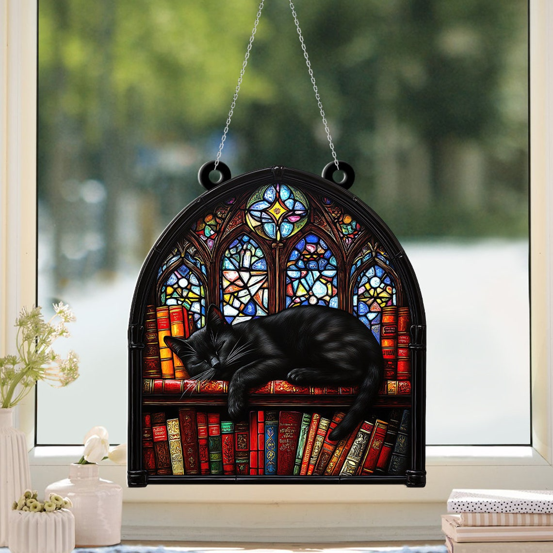 Cat Sleeping on Books Ornament Suncatcher, Pet Lovers Hanging Ornament Decor