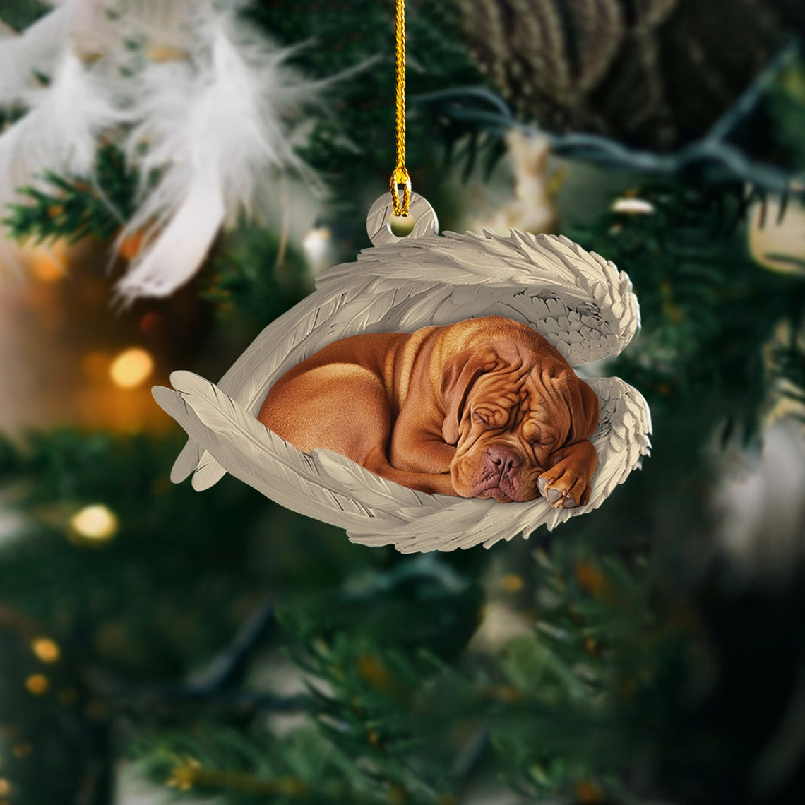 Dogue De Bordeaux Dog Sleeping Angel Wings Christmas Ornament Gift, Cute Dog Car Hanging Ornament Decor