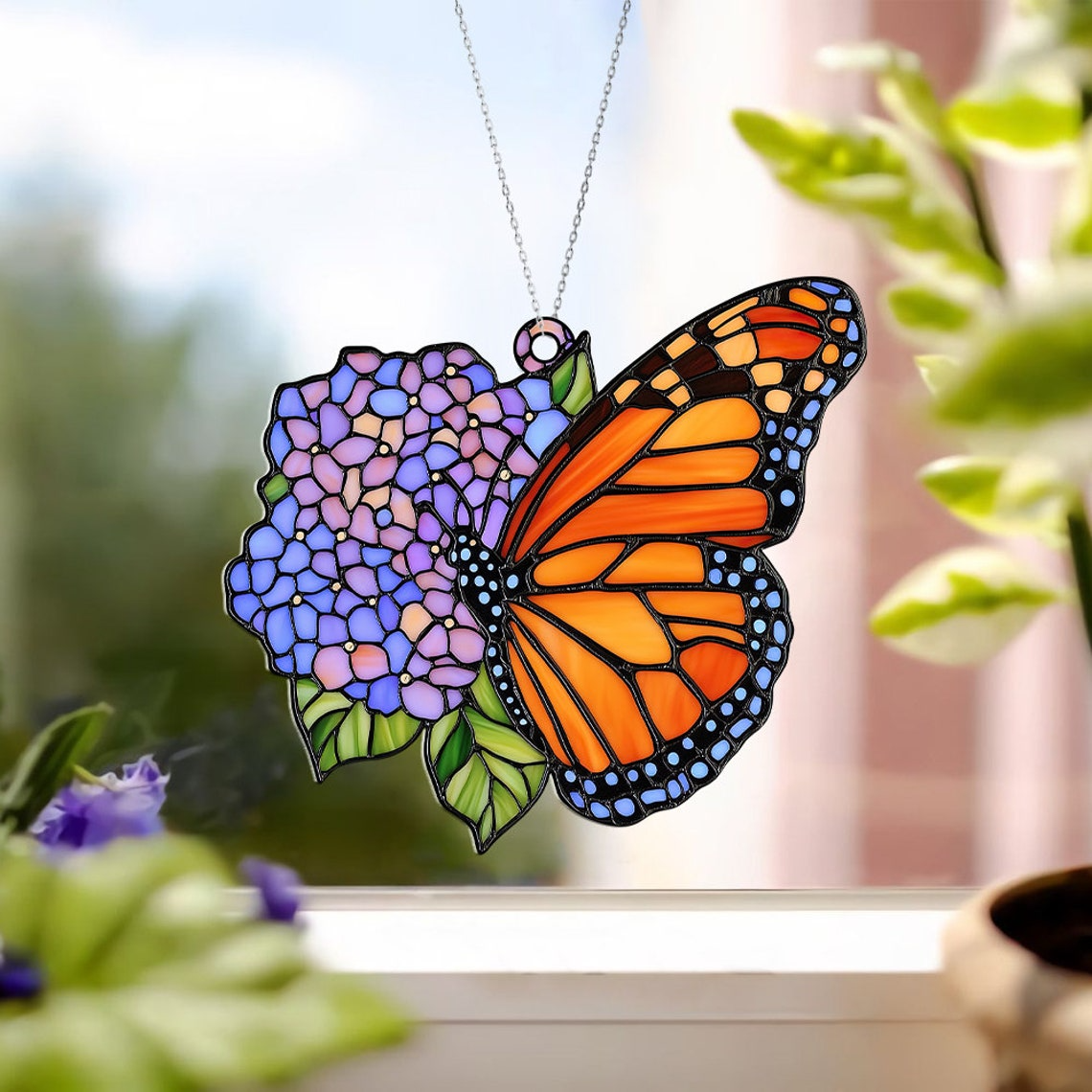 Hydrangea Butterfly Hanging Suncatcher, Monarch Butterfly Flower Acrylic Window Hanging Decor