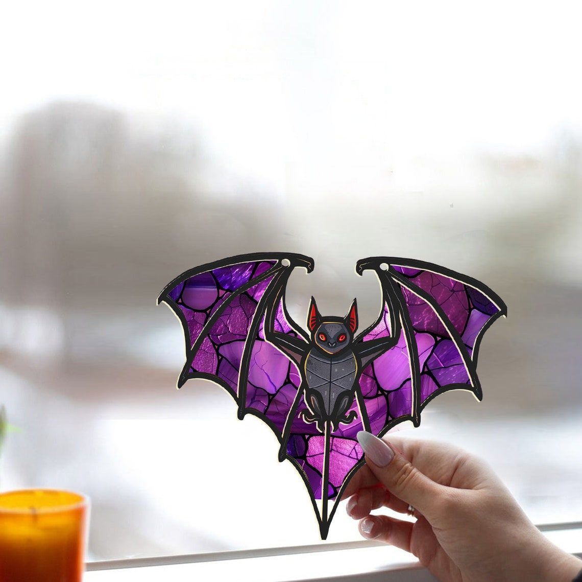 Bat Purple Fly Halloween Hanging Suncatcher Ornament, Halloween Bat Ornament Halloween Decor