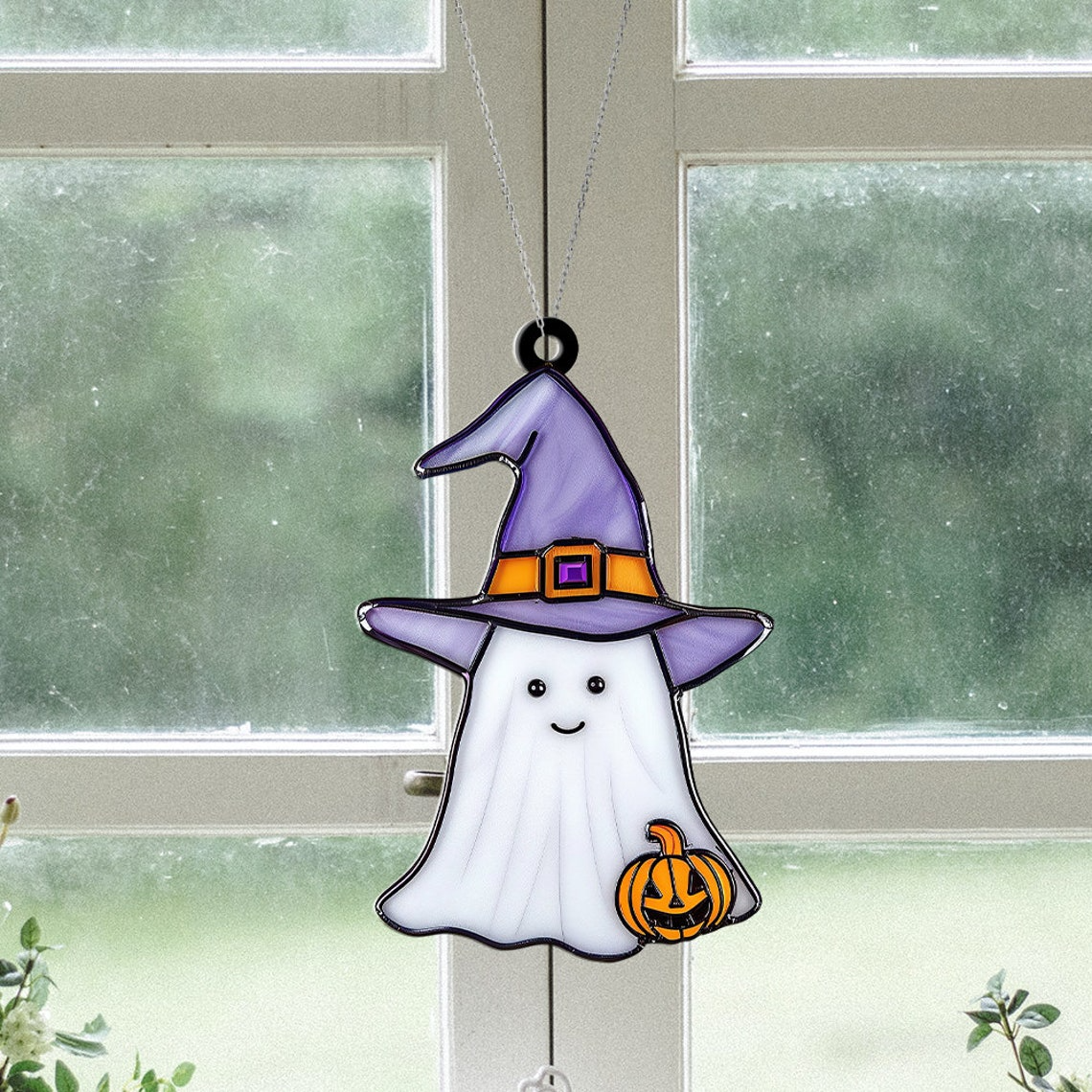 Baby Ghost Witch Suncatcher, Vintage Halloween Witch Boo Ornament Decor