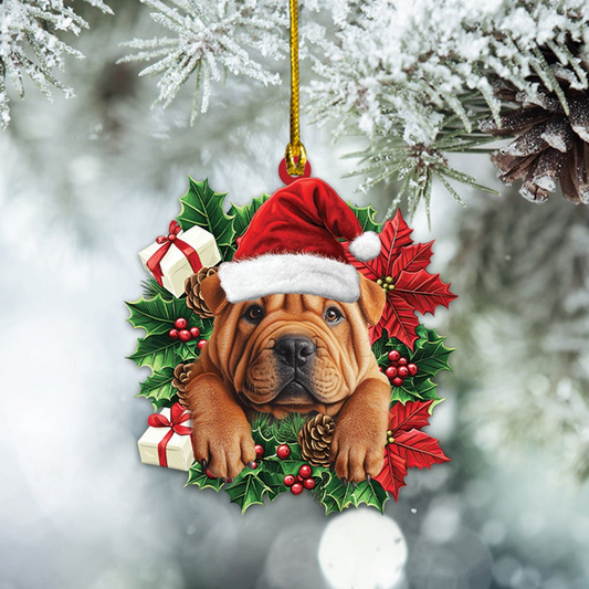 Shar Pei Dog Christmas Wreath Ornament Gift, Shar Pei Dog Hanging Christmas Ornament Decor