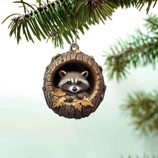 Raccoon and Leaf Autumn Christmas Ornament, Raccoon Rearview Mirror Car Ornament Decor Holiday