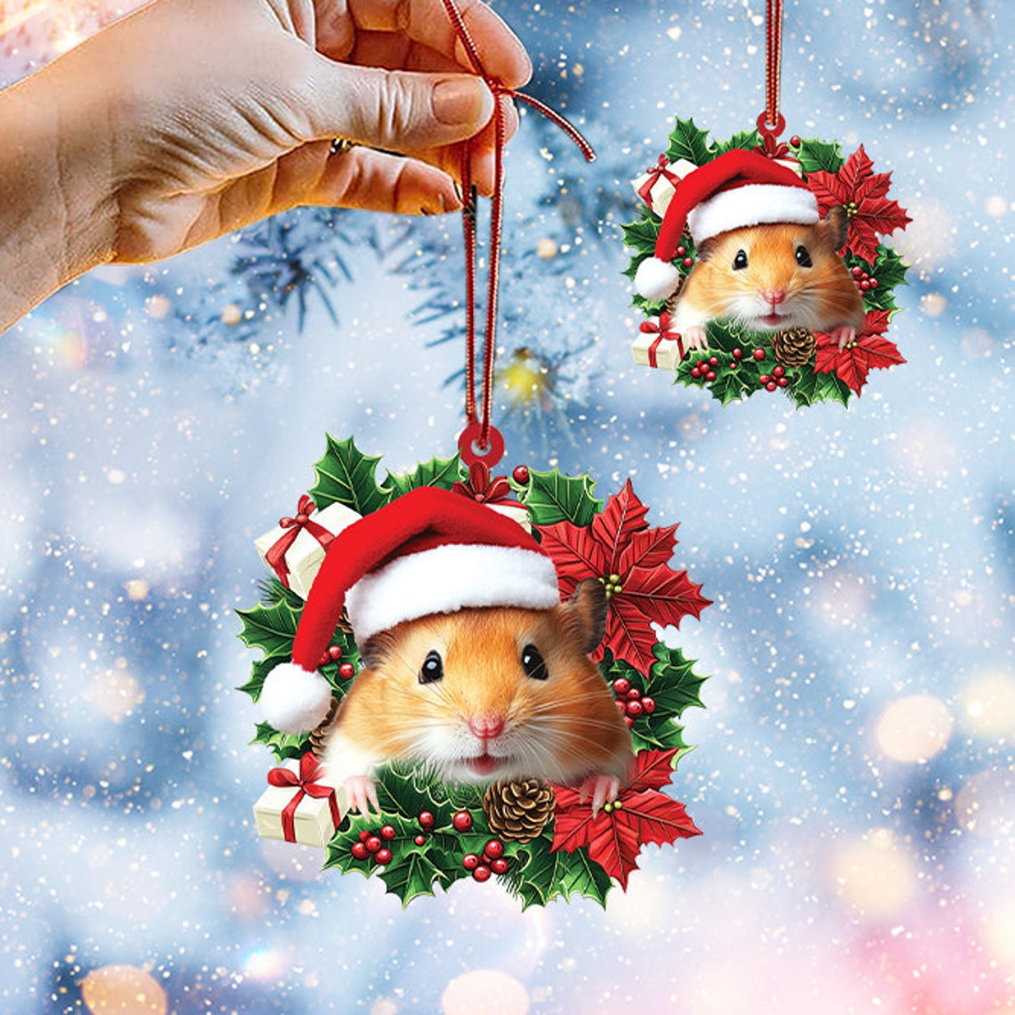 Hamster Hanging Christmas Wreath Ornament Decor, Cute Hamster Christmas Tree Ornament Gift