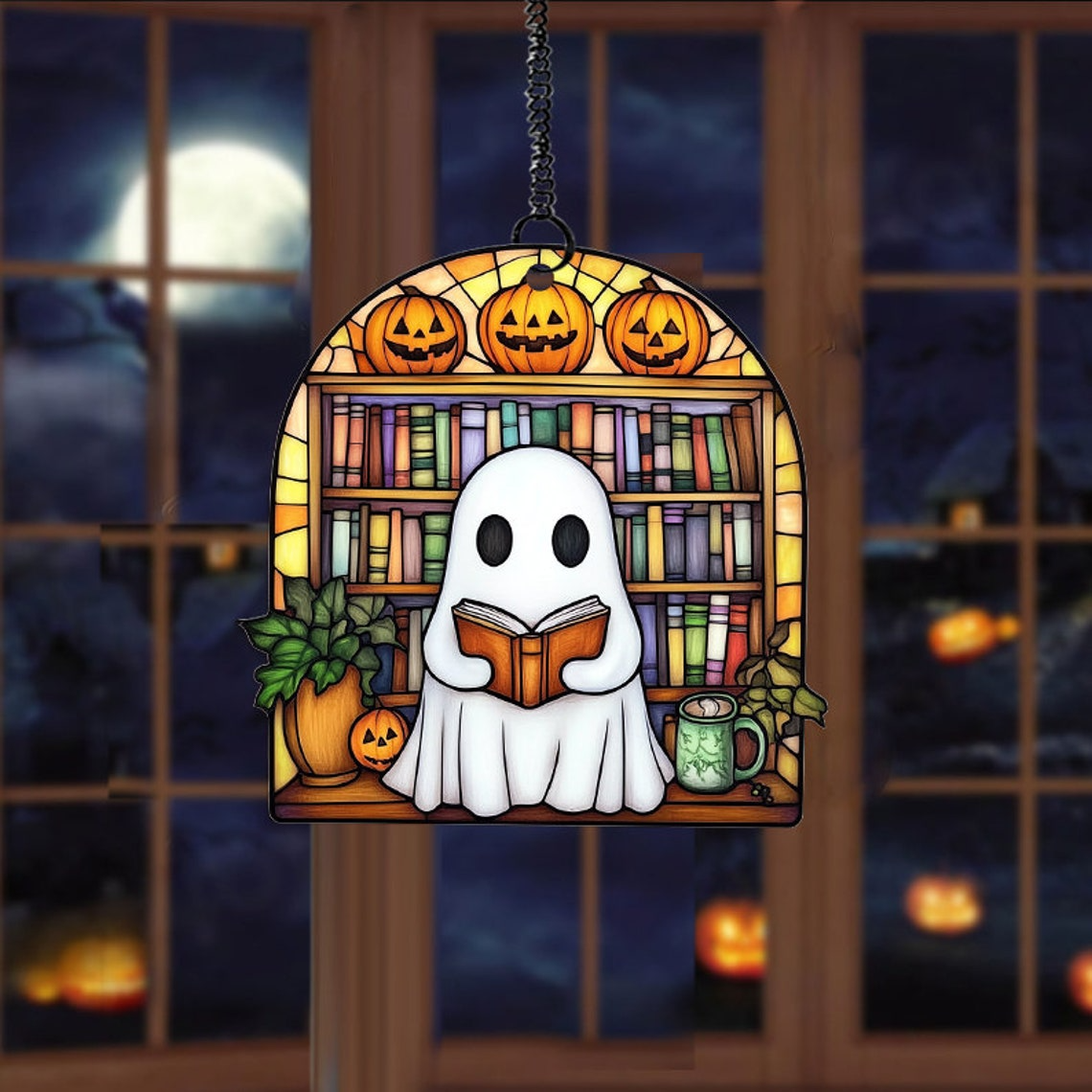 Cute Ghost and Books Suncatcher Decor, Ghost Hanging Window Ornament