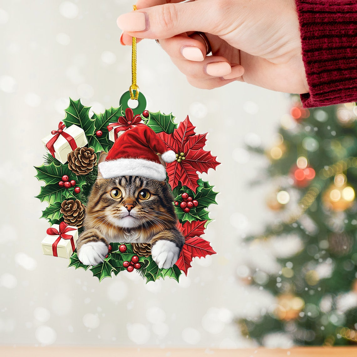 Norwegian Forest Cat Christmas Wreath Ornament, Norwegian Forest Cat Car Christmas Ornament