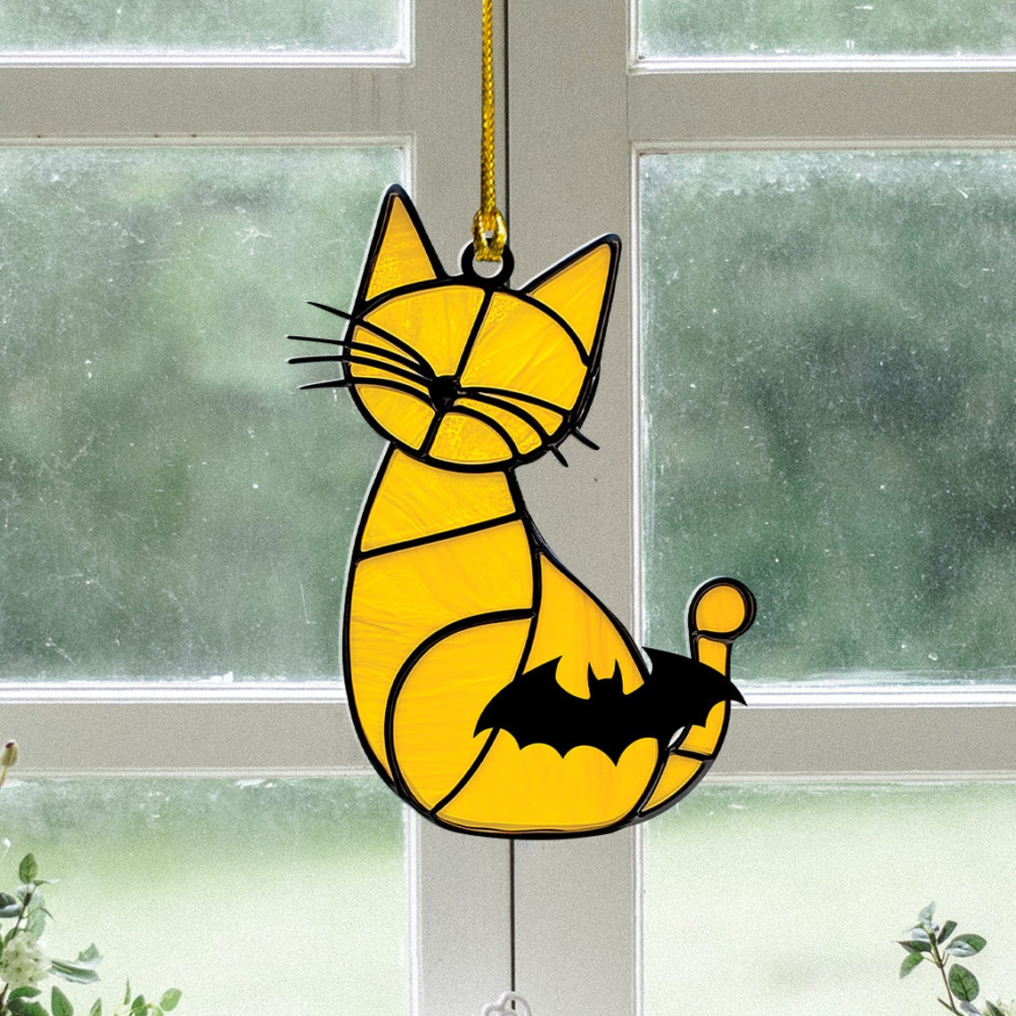 Cat Yellow and Bat Suncatcher Ornament, Halloween Cat and Bat Window Home Decor