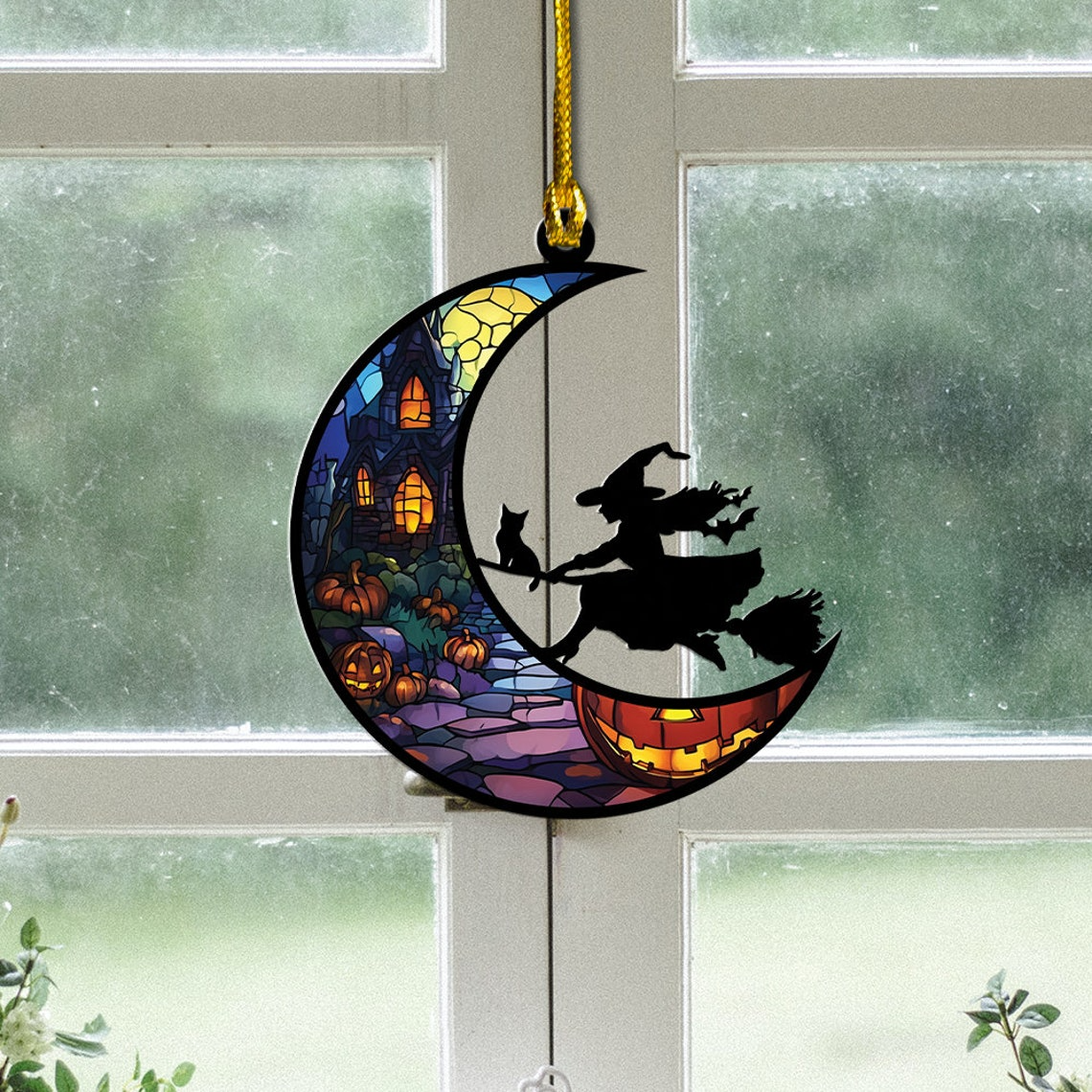 Witch Riding Broomstick on the Moon Suncatcher, Halloween Witch Riding Broomstick Home Decor