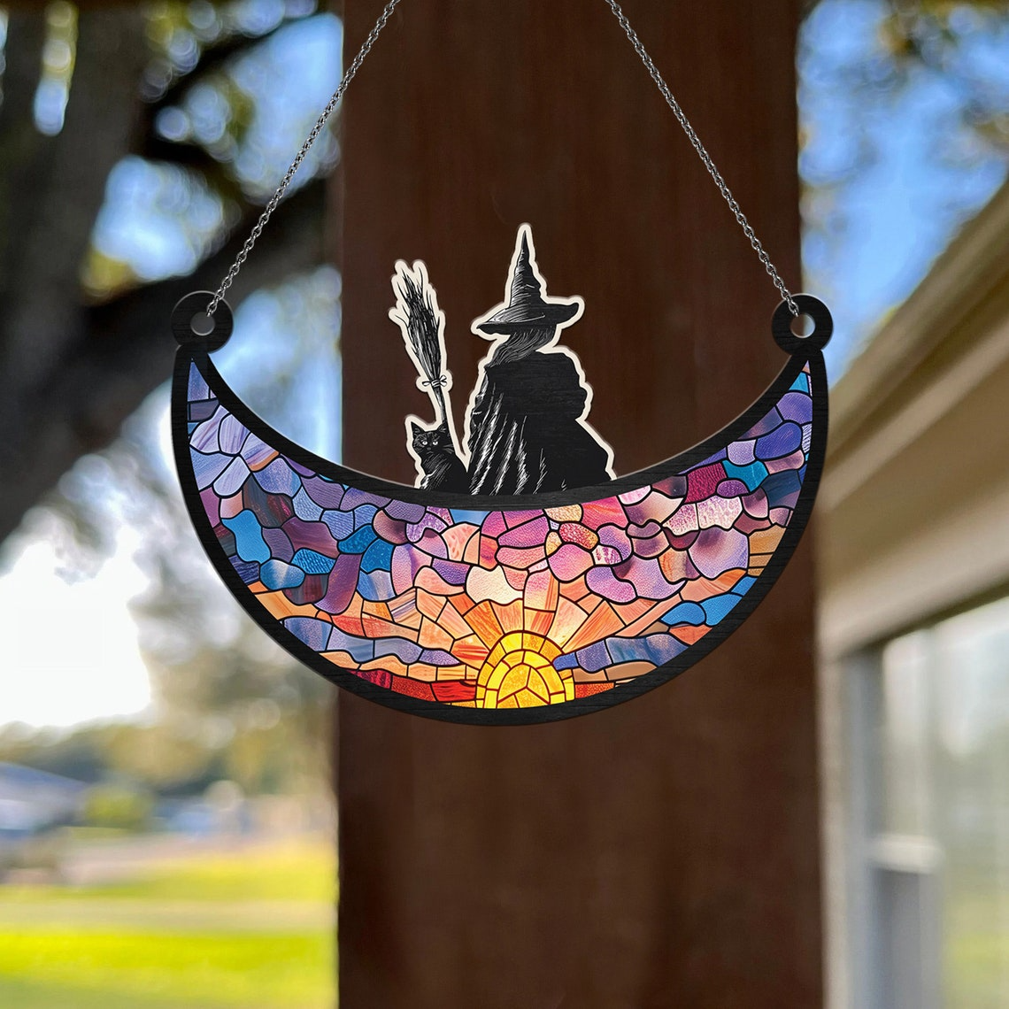 Witch and Black Cat on the Moon Suncatcher, Witch and Cat on the Moon Ornament Decor