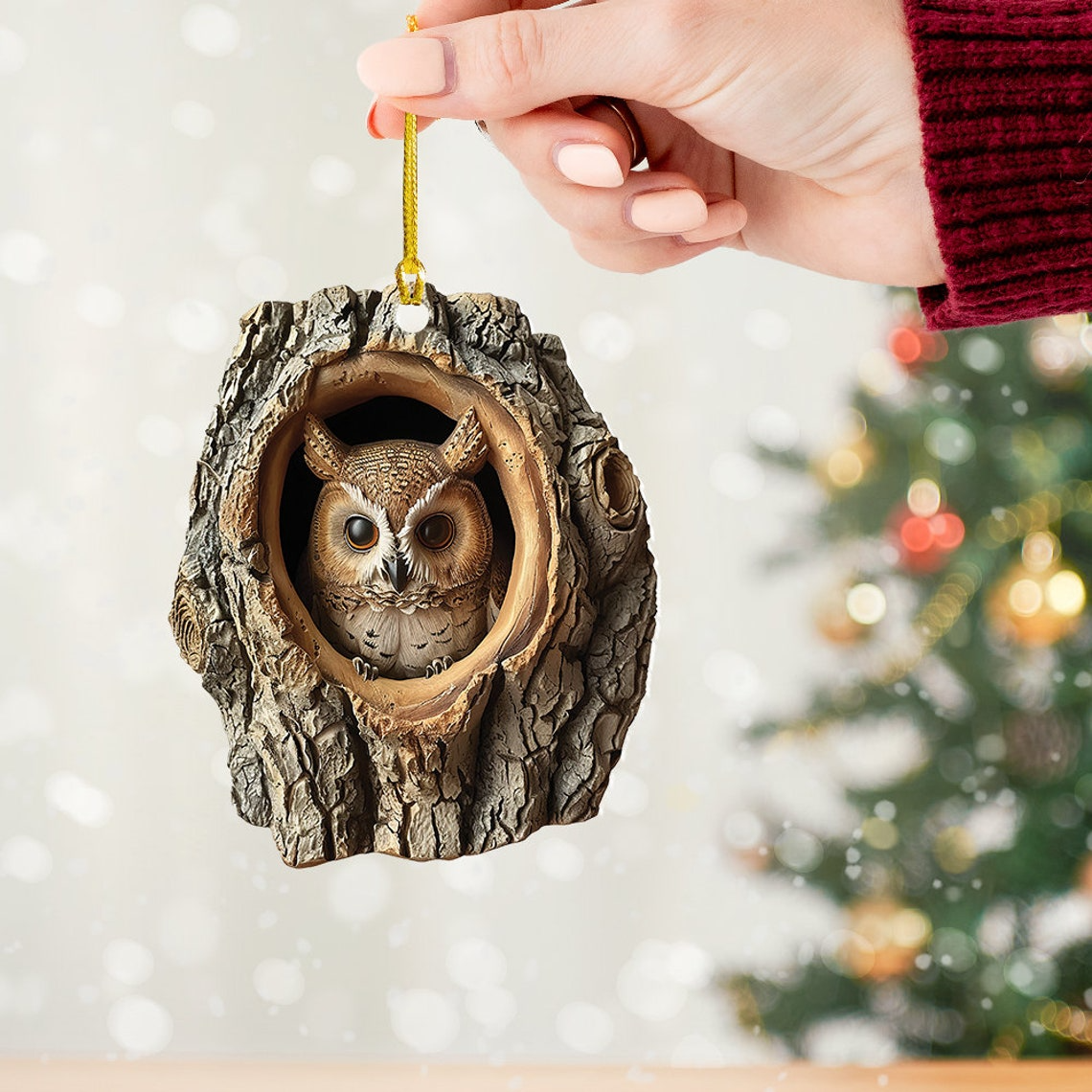 Cute Owl Flat Christmas Tree Ornament Gift, Owl in a Hollow Tree Christmas Ornament Decor