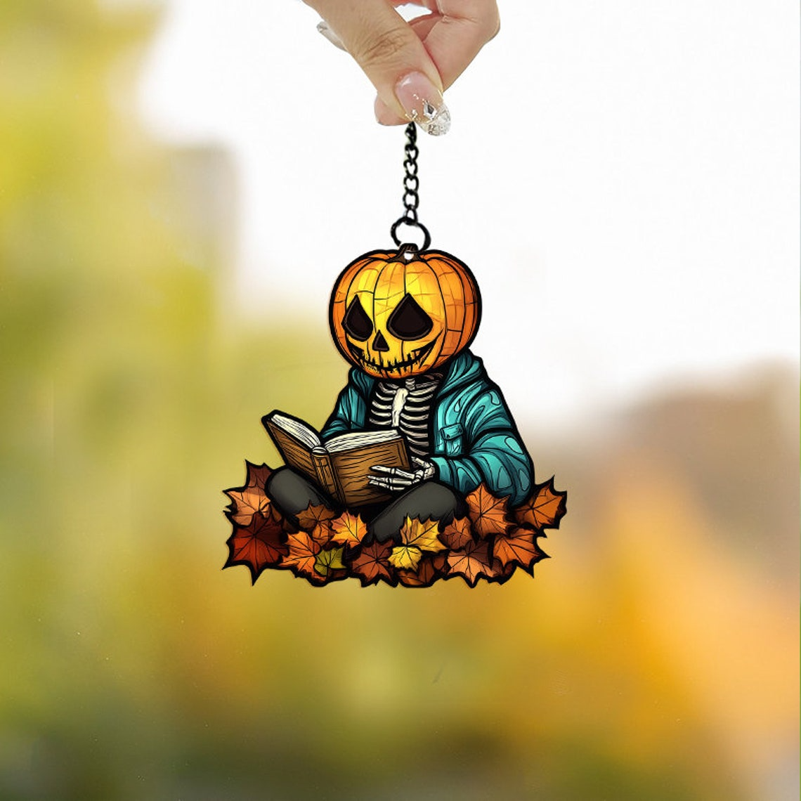 Skeleton Reading Books Suncatcher Ornament, Books Leaf Window Suncatcher