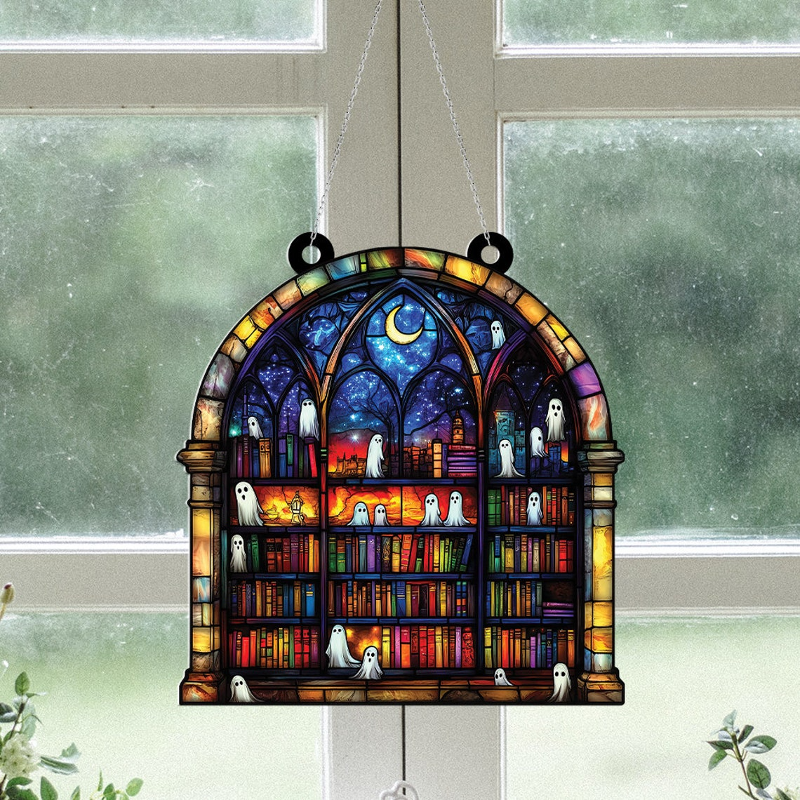 Ghosts in Haunted Library in the Night Suncatcher, Spooky Ghost Home Decor Ornament