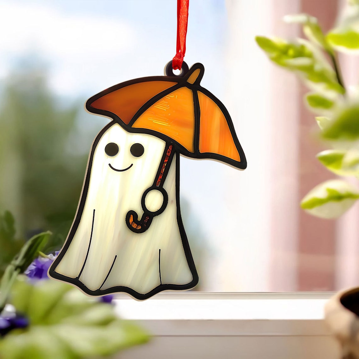 Funny Ghost Umbrella Halloween Suncatcher Ornament, Vintage Ghost Halloween Decor