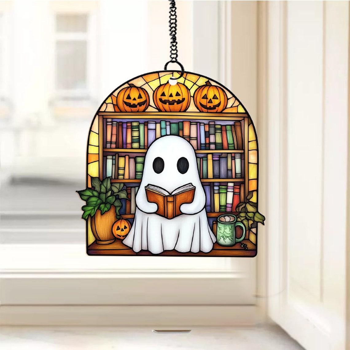 Cute Ghost and Books Suncatcher Decor, Ghost Hanging Window Ornament