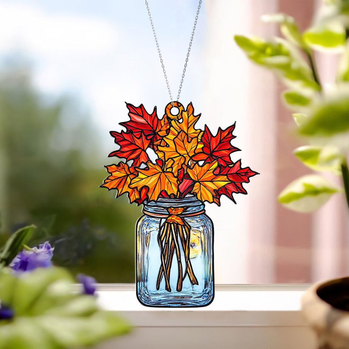 Maple Autumn Leaf Jar Suncatcher, Maple Fall Leaf Jar Hanging Ornament Decor