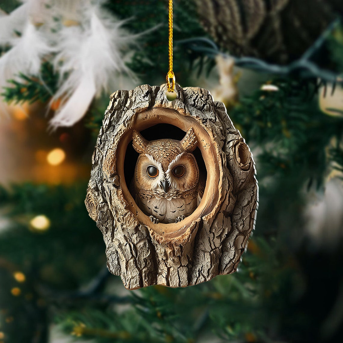 Cute Owl Flat Christmas Tree Ornament Gift, Owl in a Hollow Tree Christmas Ornament Decor