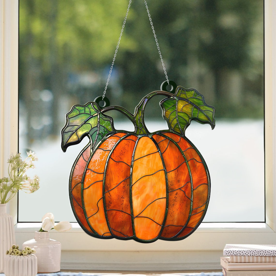 Pumpkin Stained Glass Suncatcher, Pumpkin Fall Suncatcher Ornament Gift