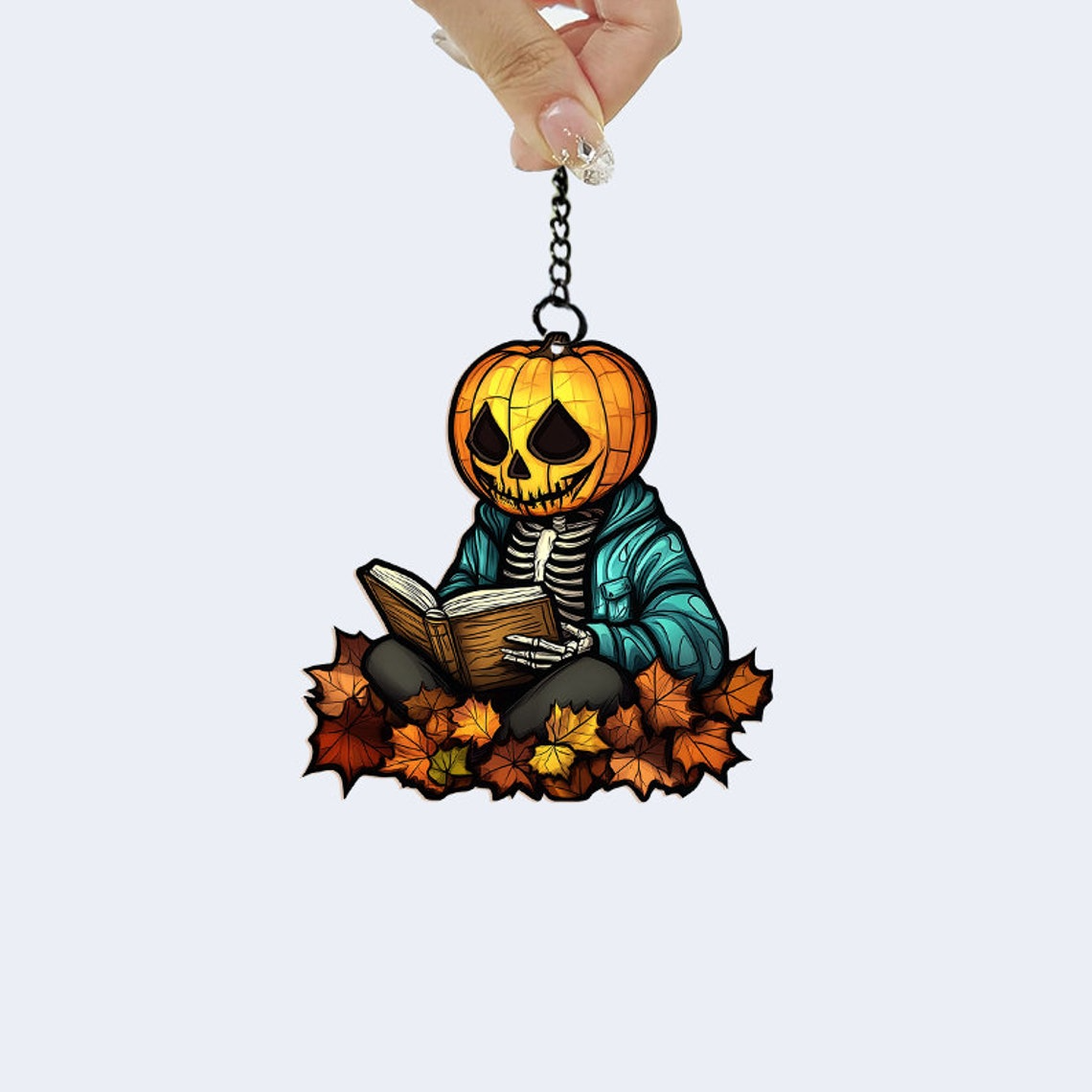 Skeleton Reading Books Suncatcher Ornament, Books Leaf Window Suncatcher