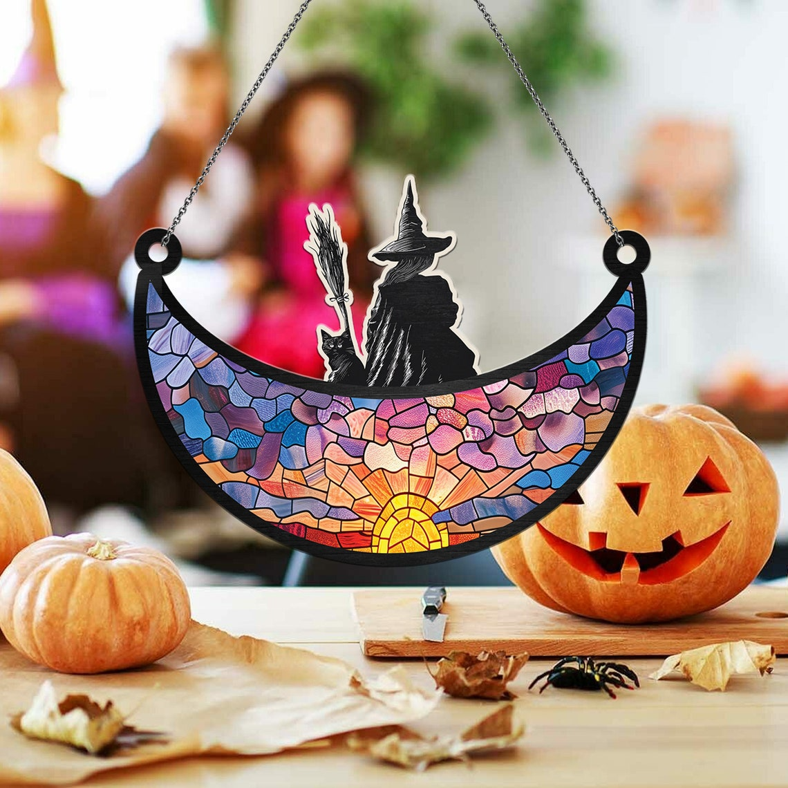 Witch and Black Cat on the Moon Suncatcher, Witch and Cat on the Moon Ornament Decor