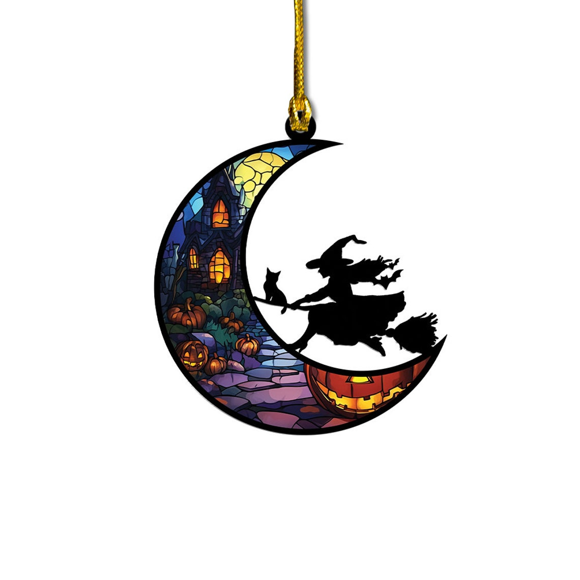 Witch Riding Broomstick on the Moon Suncatcher, Halloween Witch Riding Broomstick Home Decor