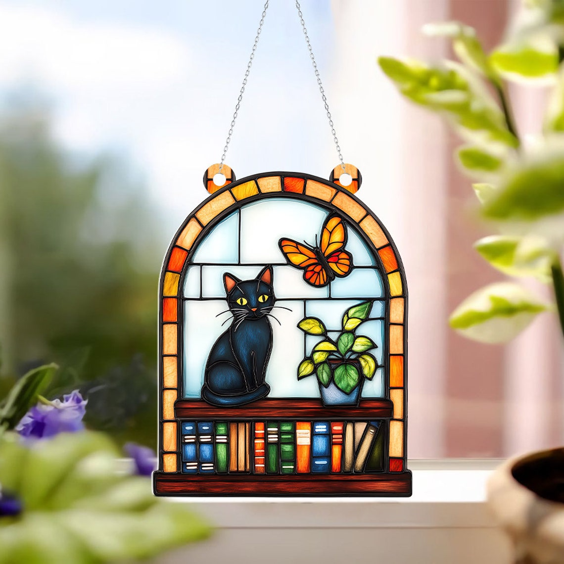 Cat Books Suncatcher, Black Cat on Bookstack Suncatcher Ornament