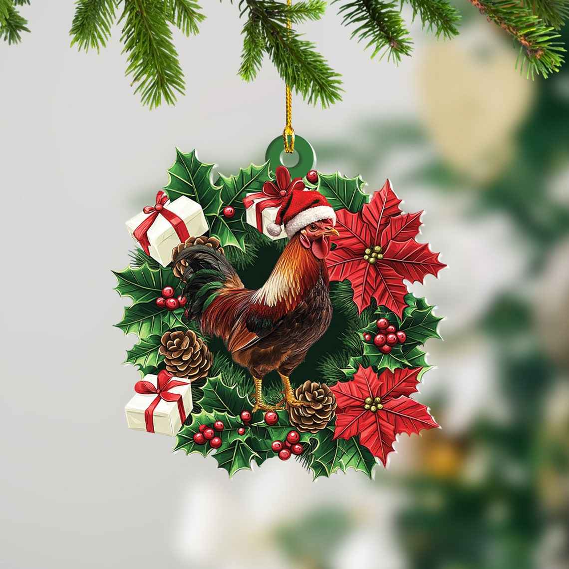 Cute Chicken Hanging Christmas Wreath Ornament, Chicken Rearview Mirror Car Ornament Decor Gift