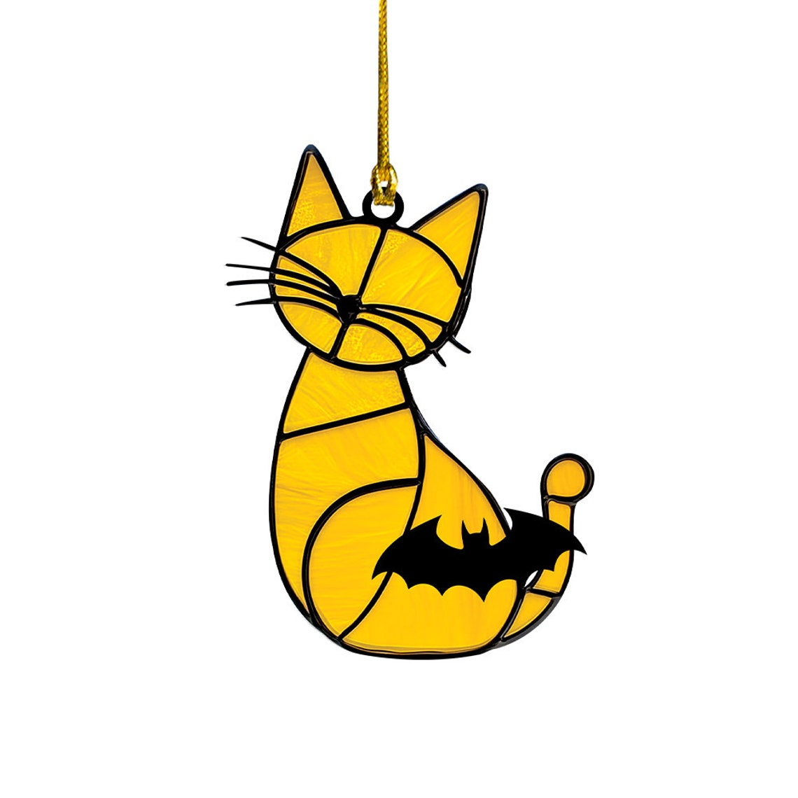 Cat Yellow and Bat Suncatcher Ornament, Halloween Cat and Bat Window Home Decor