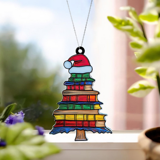 Hat of Santa on the Bookstack Christmas Suncatcher, Reading Room Window Ornament