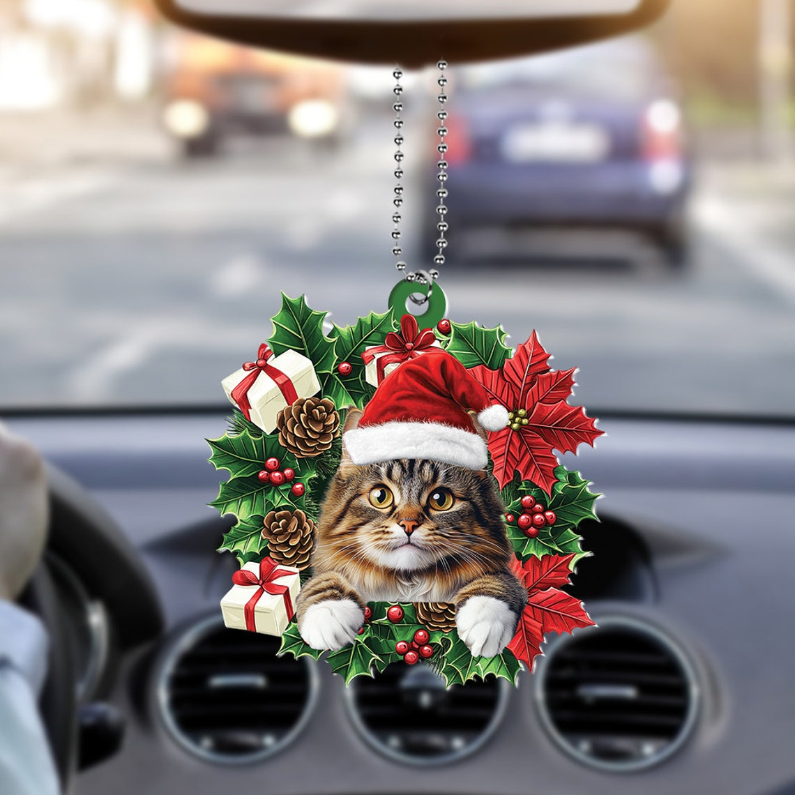 Norwegian Forest Cat Christmas Wreath Ornament, Norwegian Forest Cat Car Christmas Ornament