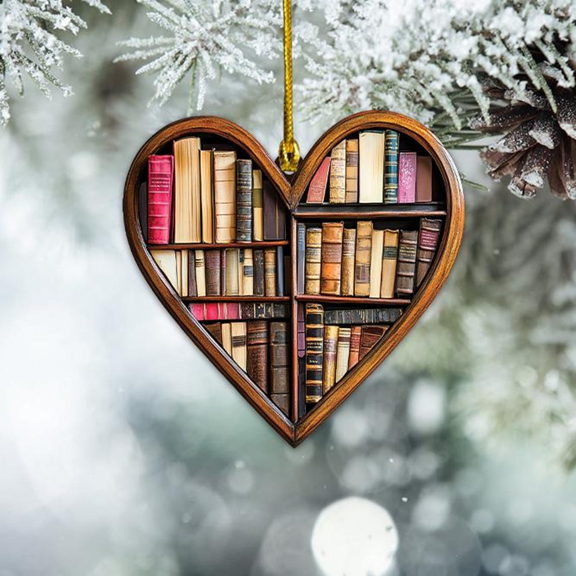 Book Heart Hanging Christmas Ornament, Reading Books in the Bookstore Ornament Decor