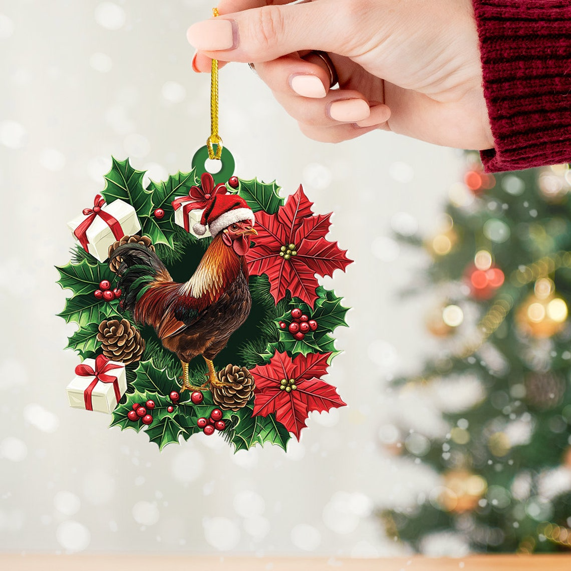 Cute Chicken Hanging Christmas Wreath Ornament, Chicken Rearview Mirror Car Ornament Decor Gift