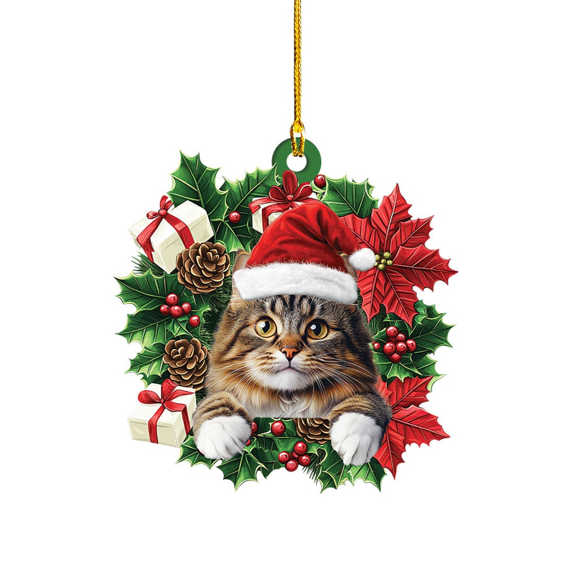 Norwegian Forest Cat Christmas Wreath Ornament, Norwegian Forest Cat Car Christmas Ornament