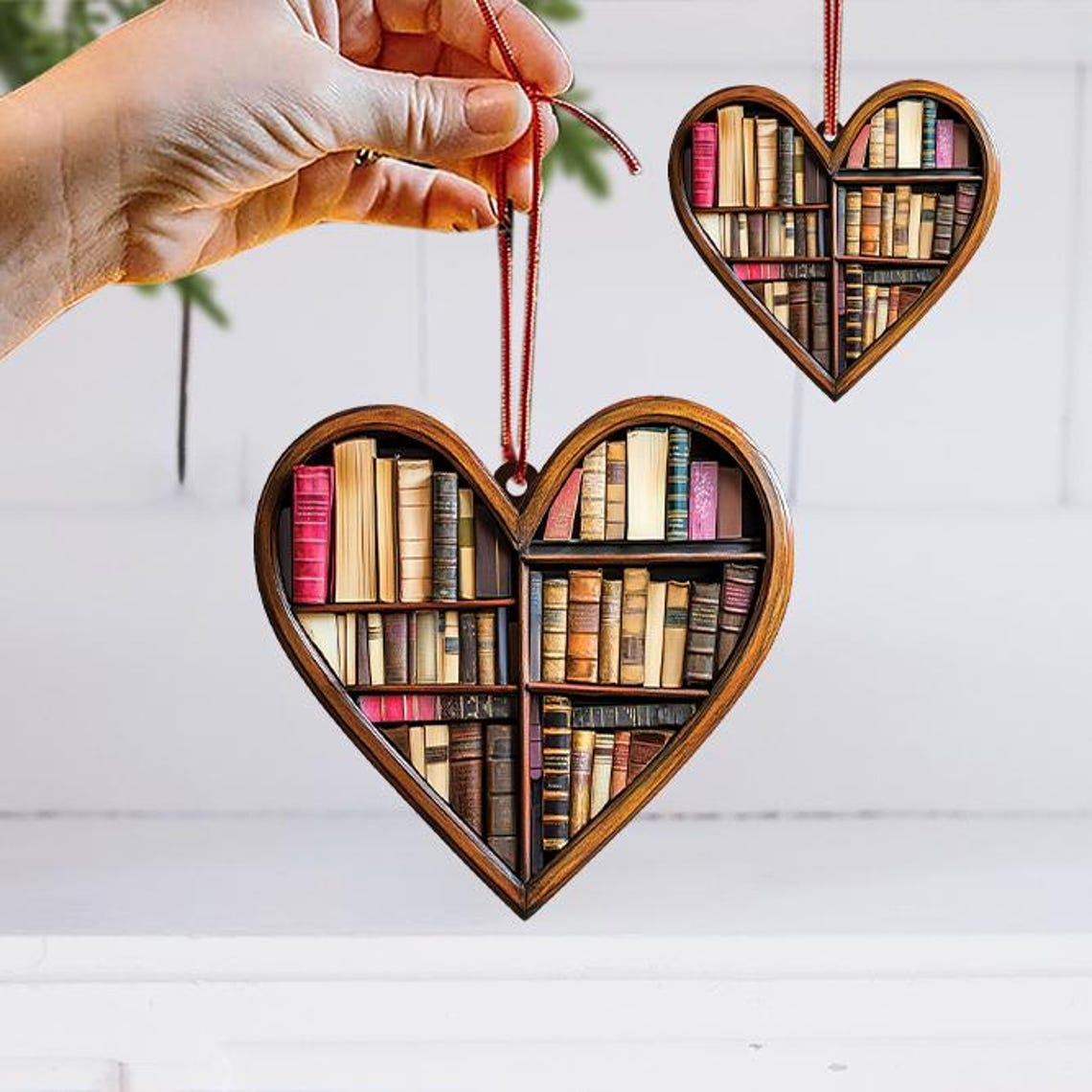 Book Heart Hanging Christmas Ornament, Reading Books in the Bookstore Ornament Decor