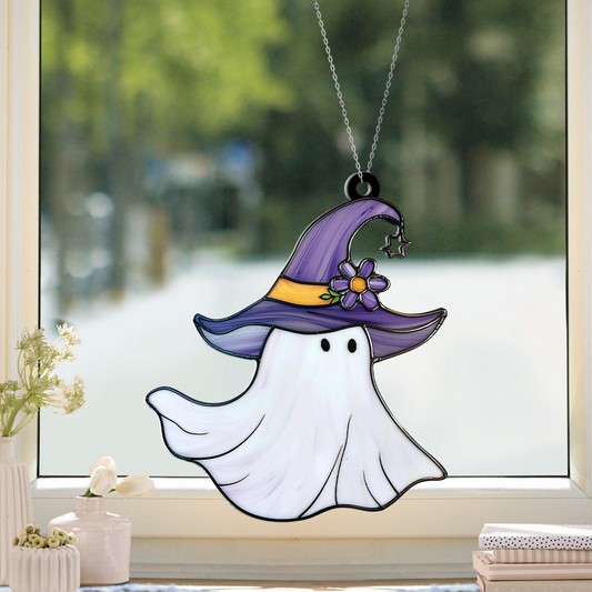 Halloween Cute Ghost Witch Boo Suncatcher, Vintage Ghost Hanging Window Ornament