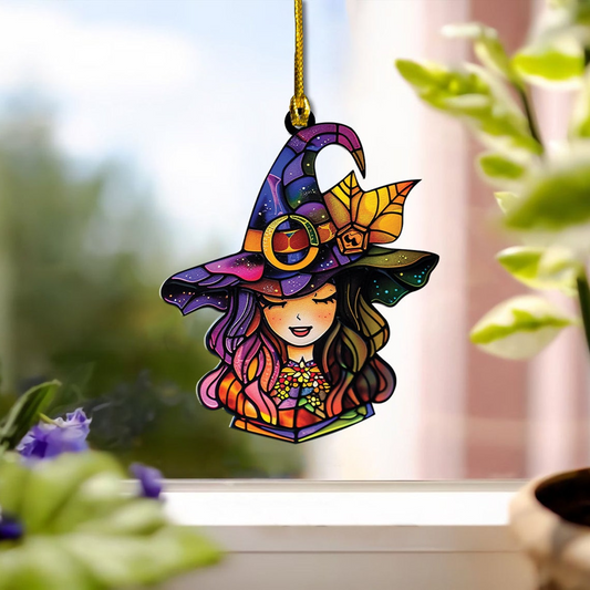 Pretty Girl Witch Suncatcher Ornament, Halloween Cute Witch Home Decor Gift