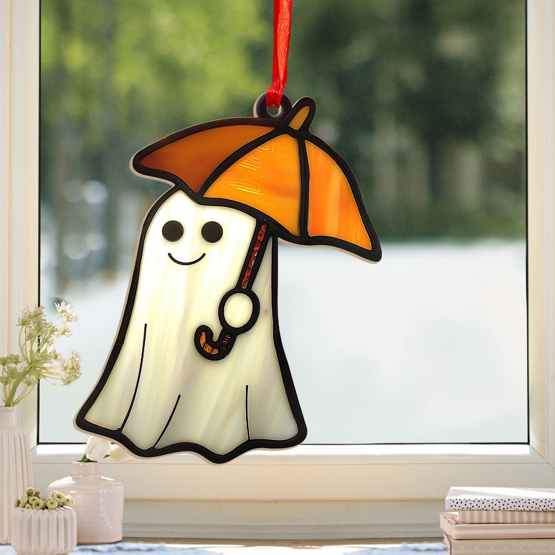 Funny Ghost Umbrella Halloween Suncatcher Ornament, Vintage Ghost Halloween Decor