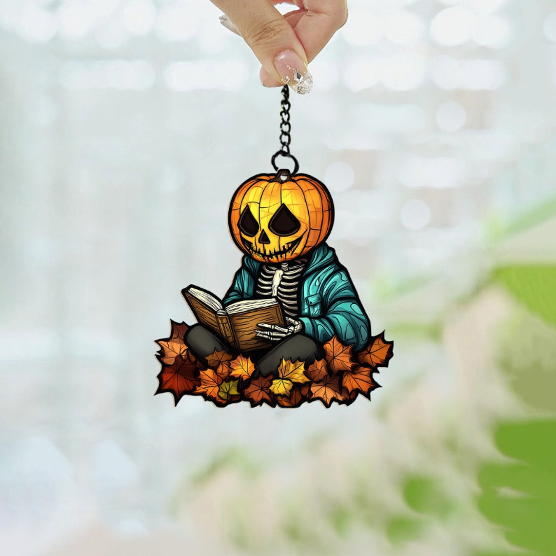 Skeleton Reading Books Suncatcher Ornament, Books Leaf Window Suncatcher